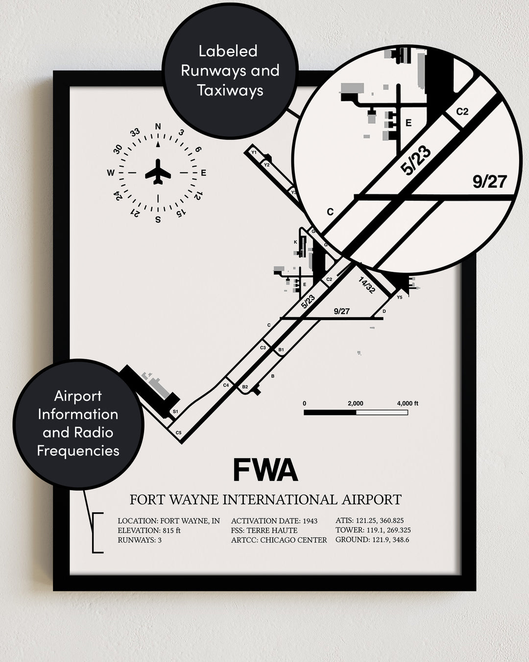 FWA Airport Map, Fort Wayne International Airport Print