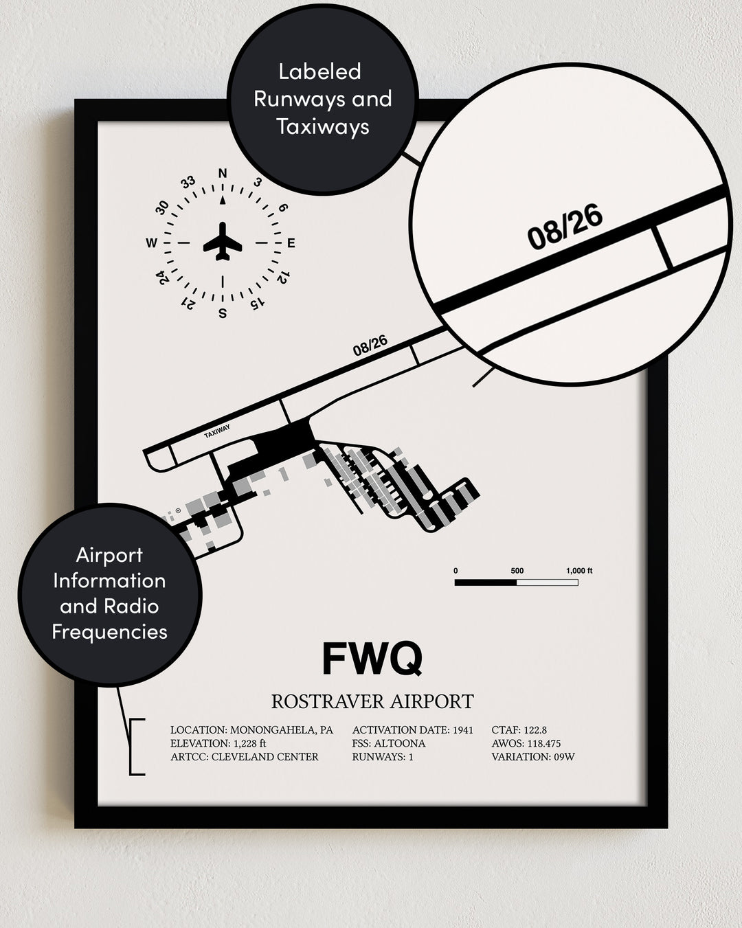 FWQ Airport Map, Rostraver Airport Print
