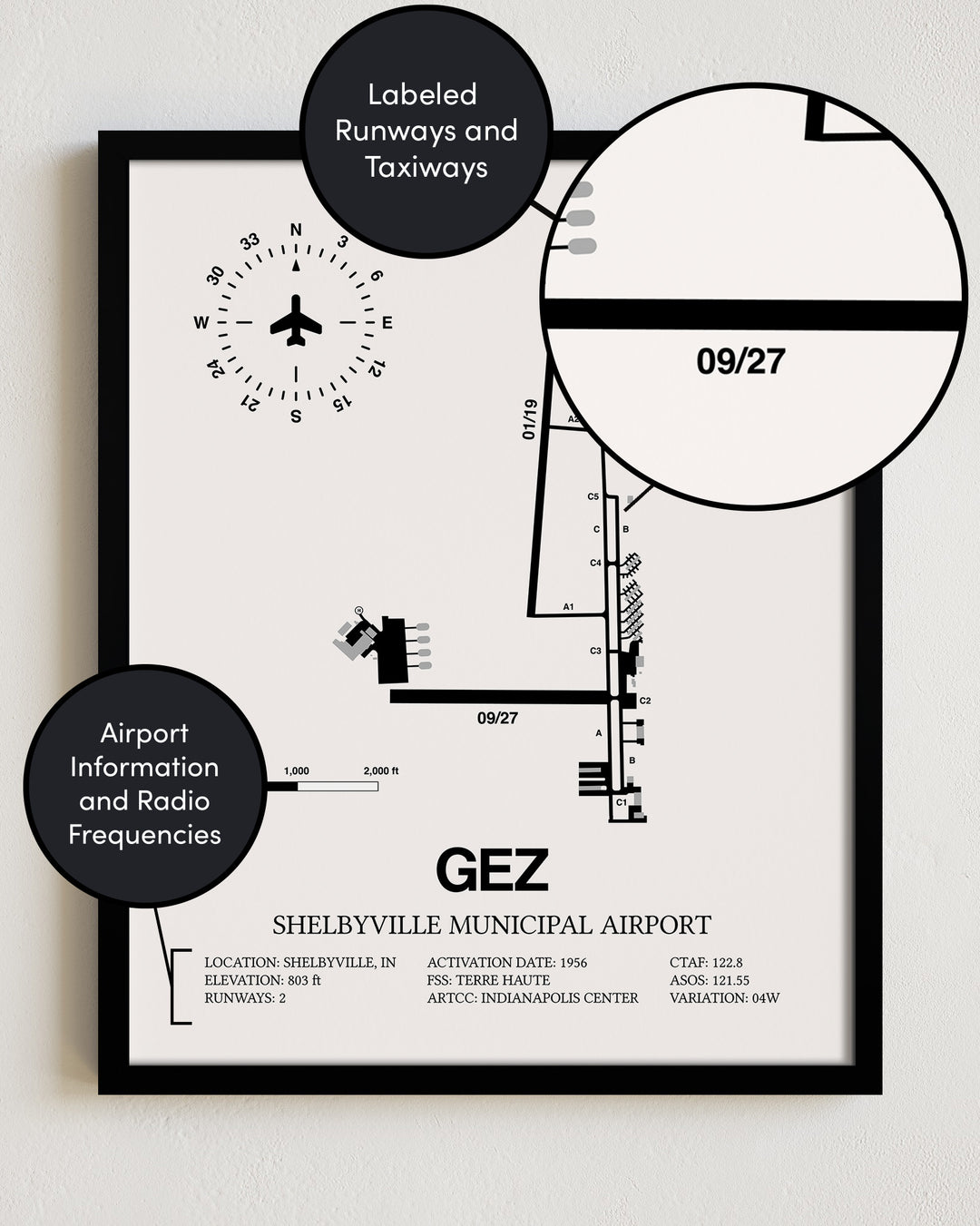 GEZ Airport Map, Shelbyville Municipal Airport Print