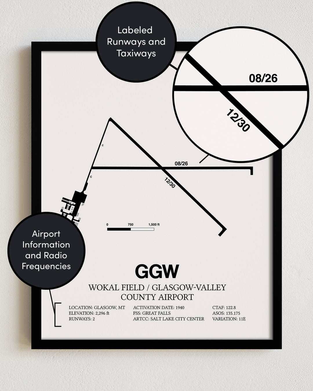 GGW Airport Map, Wokal Field / Glasgow-Valley County Airport Print