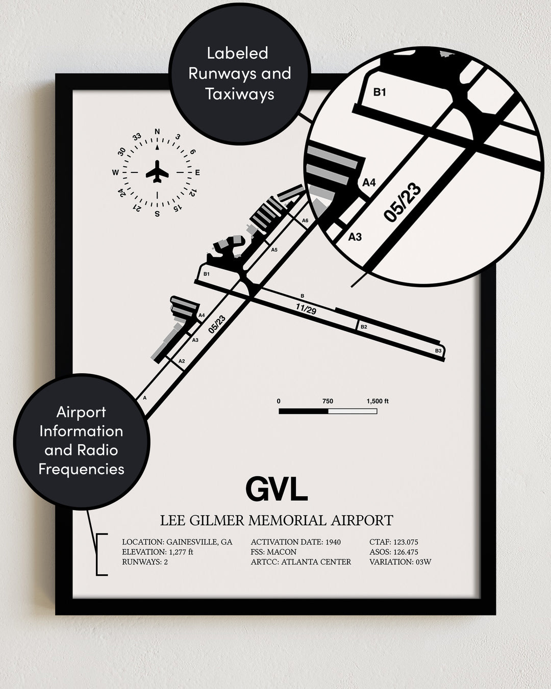 GVL Airport Map, Lee Gilmer Memorial Airport Print