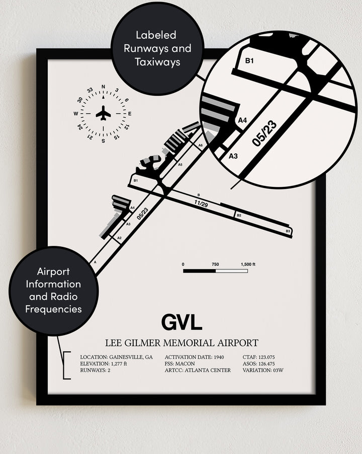GVL Airport Map, Lee Gilmer Memorial Airport Print