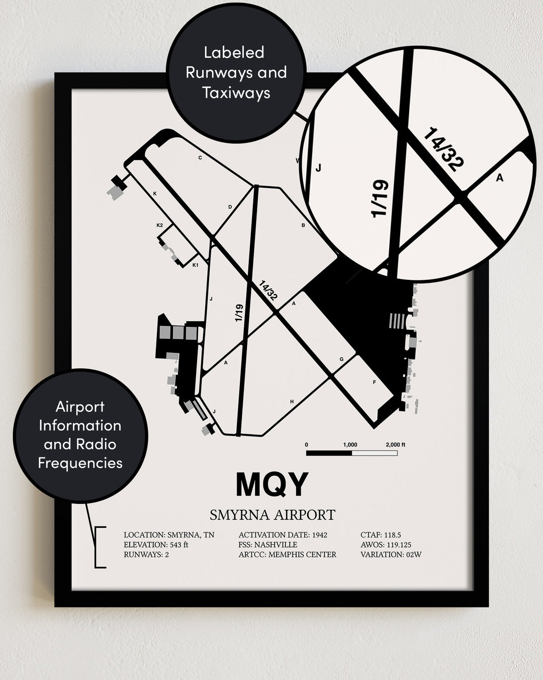 MQY Airport Map, Smyrna Airport Print