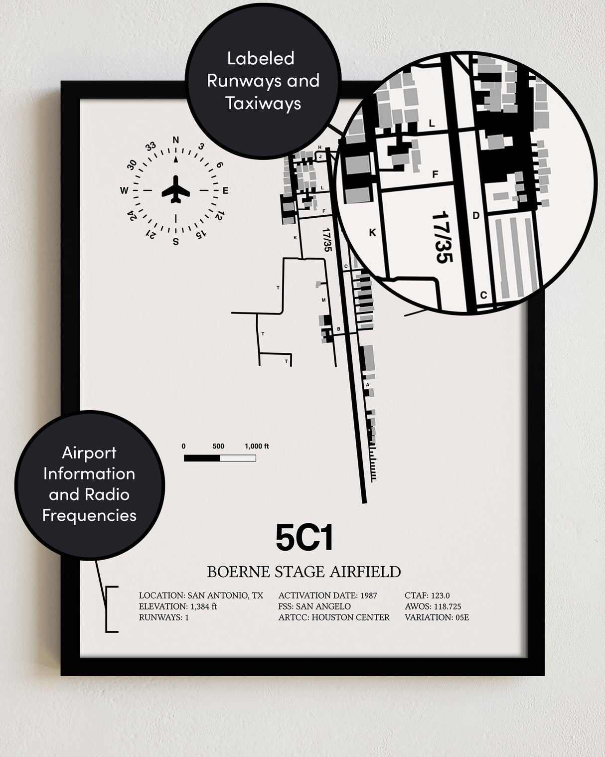 Framed Detailed Airport Map of Boerne Stage Field (5C1) in White with a Black Frame