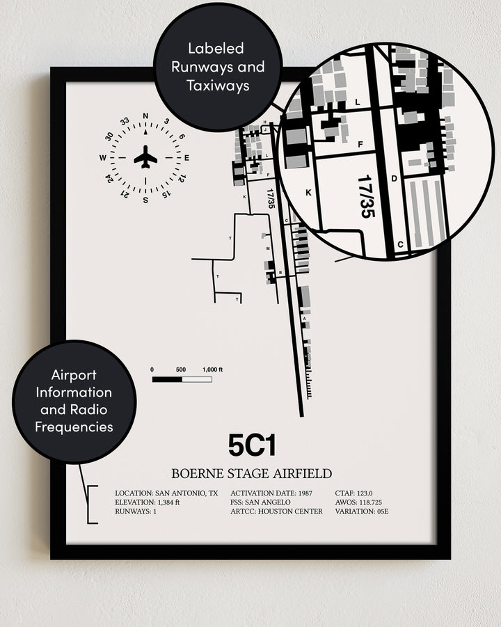Framed Detailed Airport Map of Boerne Stage Field (5C1) in White with a Black Frame