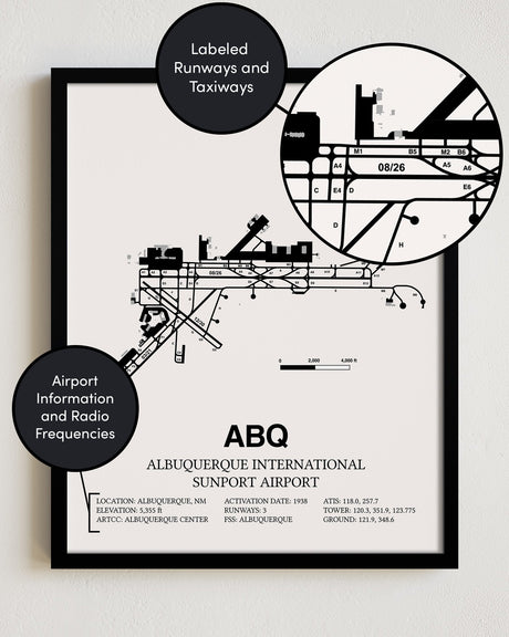 Framed Detailed Airport Map of Albuquerque International Sunport (ABQ) in White with a Black Frame