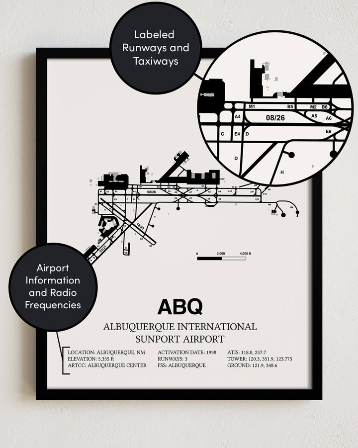 Framed Detailed Airport Map of Albuquerque International Sunport (ABQ) in White with a Black Frame