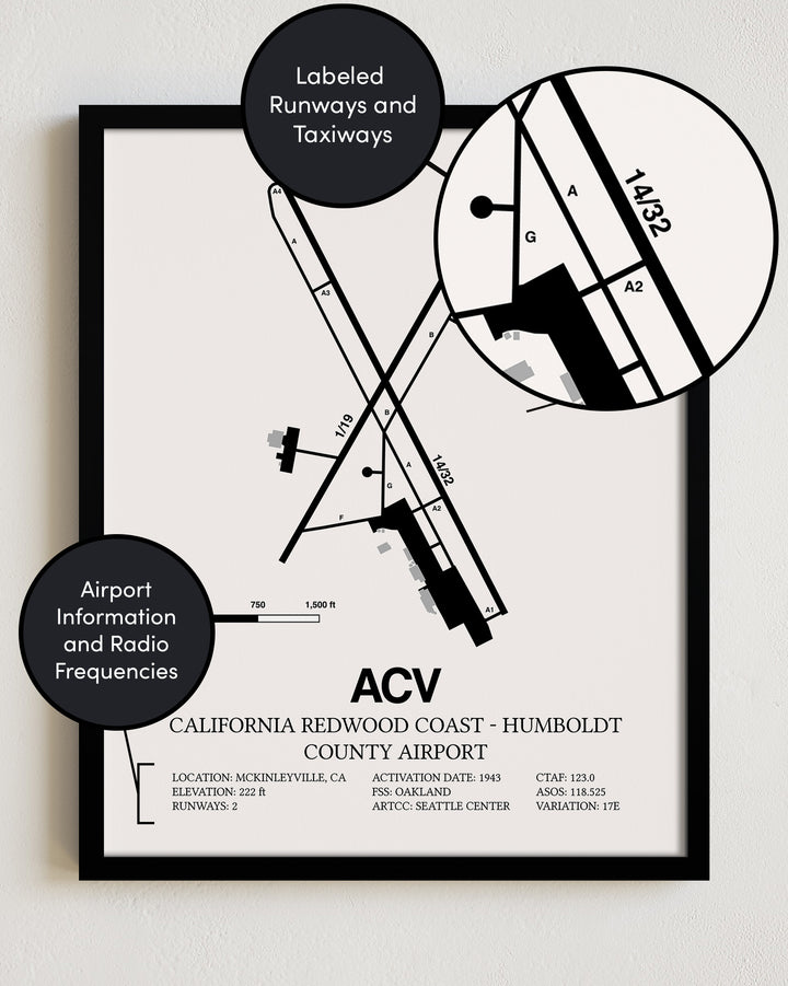 ACV Airport Map, California Redwood Coast - Humboldt County Airport Print