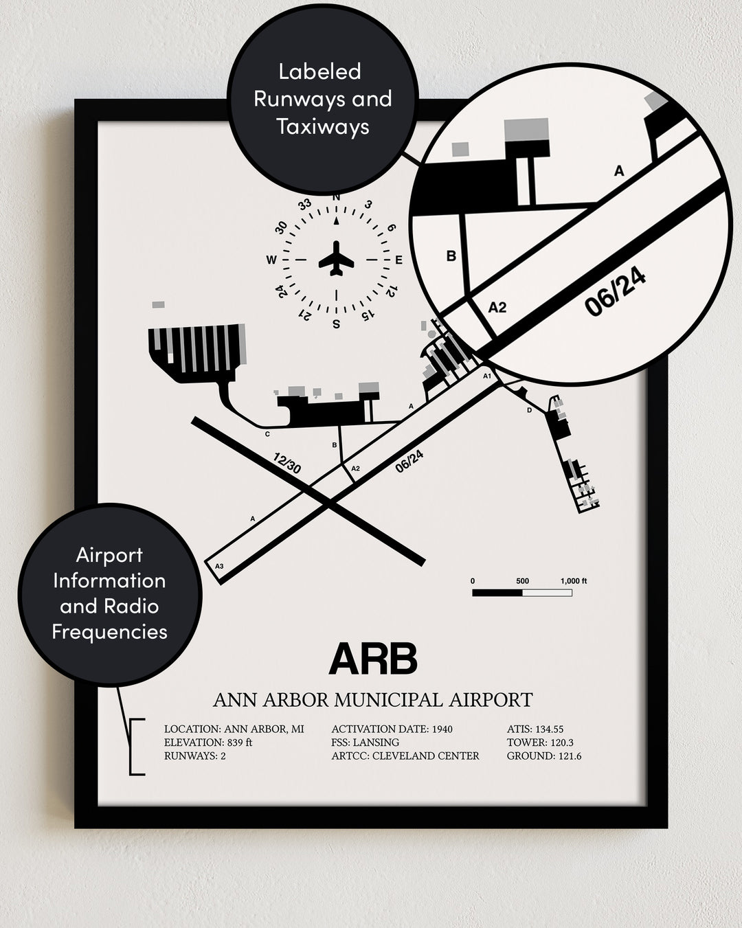ARB Airport Map, Ann Arbor Municipal Airport Print