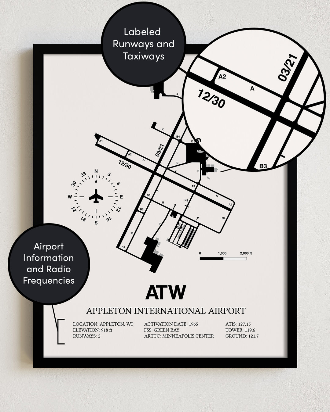 ATW Airport Map, Appleton International Airport Print