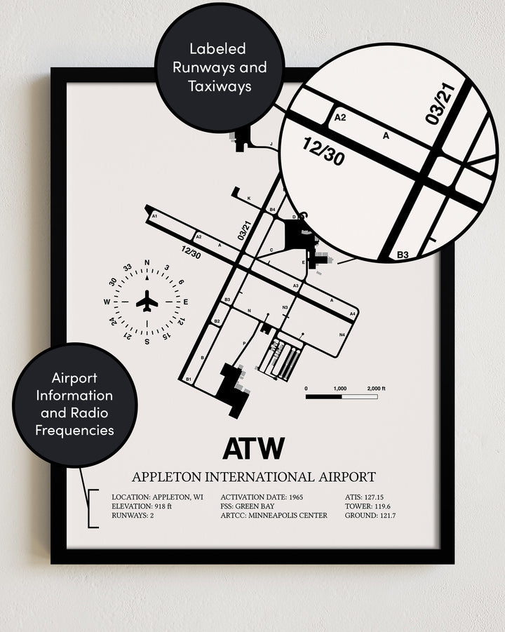 ATW Airport Map, Appleton International Airport Print