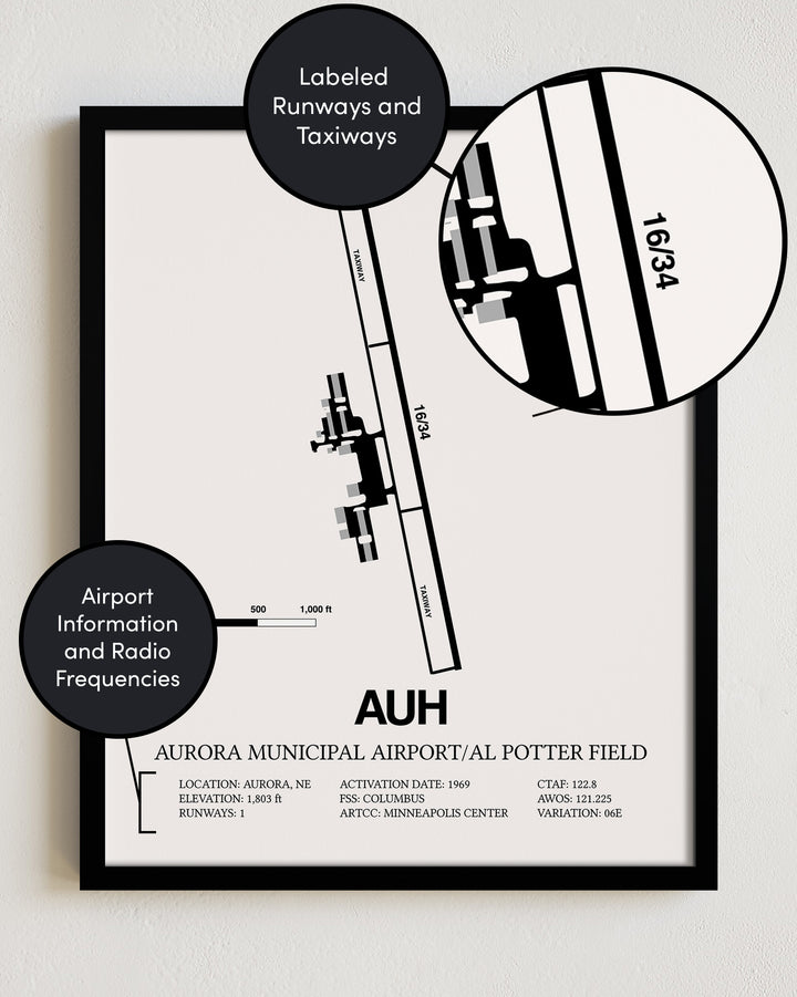 AUH Airport Map, Aurora Municipal Airport/Al Potter Field Print