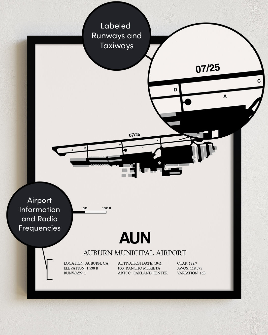 AUN Airport Map, Auburn Municipal Airport Print