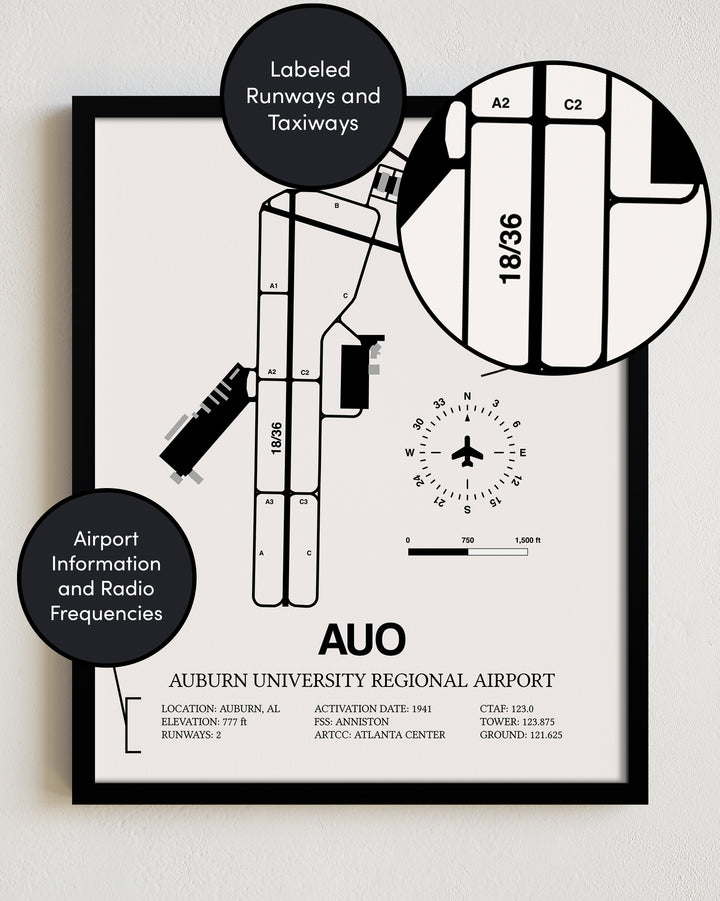 AUO Airport Map, Auburn University Regional Airport Print