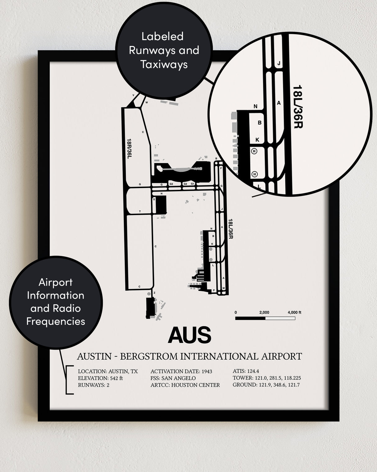 Framed Detailed Airport Map of Austin - Bergstrom International Airport (AUS) in White with a Black Frame