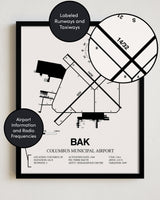BAK Airport Map, Columbus Municipal Airport Print