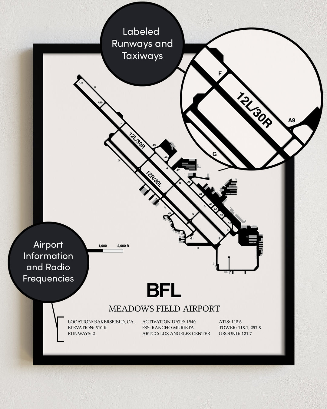 BFL Airport Map, Meadows Field Airport Print