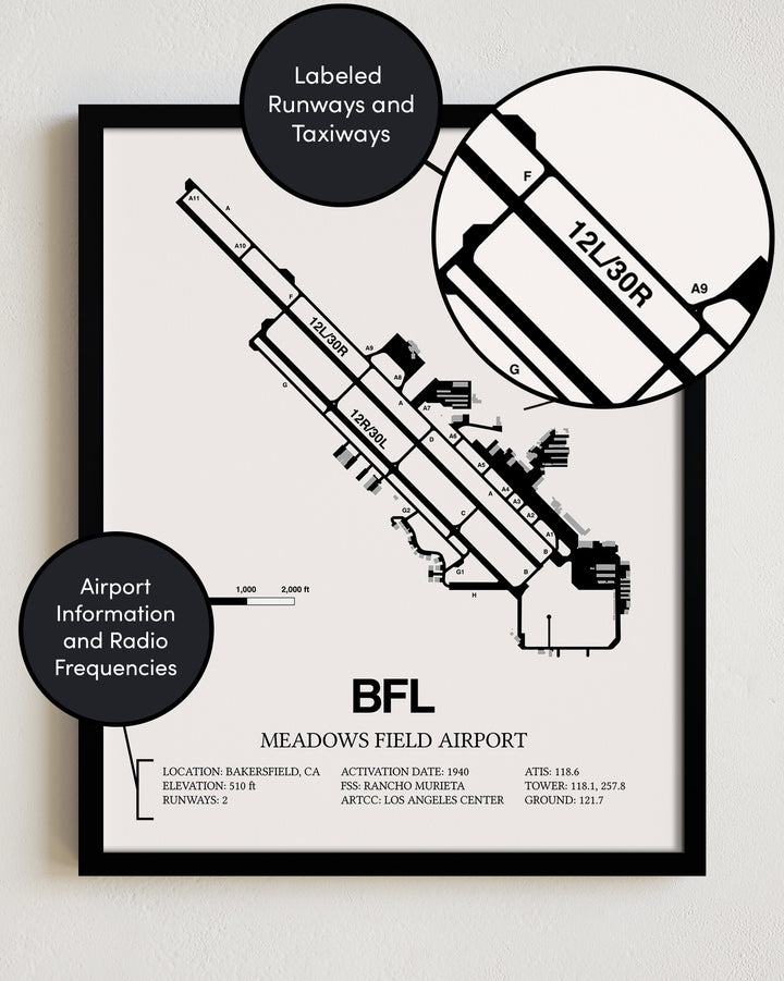 BFL Airport Map, Meadows Field Airport Print