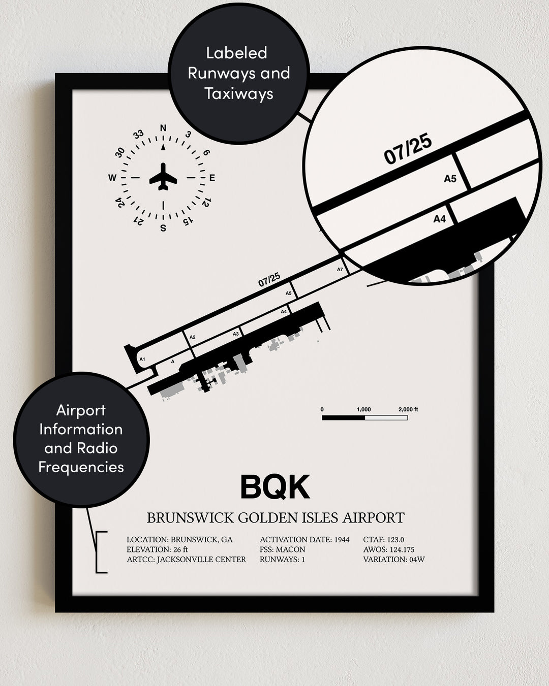 BQK Airport Map, Brunswick Golden Isles Airport Print