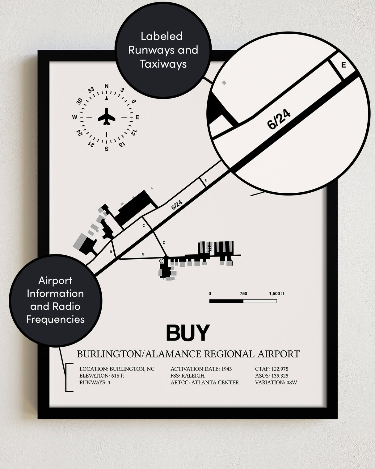 Framed Detailed Airport Map of Burlington/Alamance Regional Airport (BUY) in White with a Black Frame