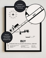 Framed Detailed Airport Map of Burlington/Alamance Regional Airport (BUY) in White with a Black Frame