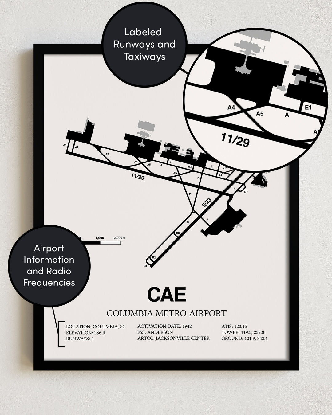 CAE Airport Map, Columbia Metro Airport Print