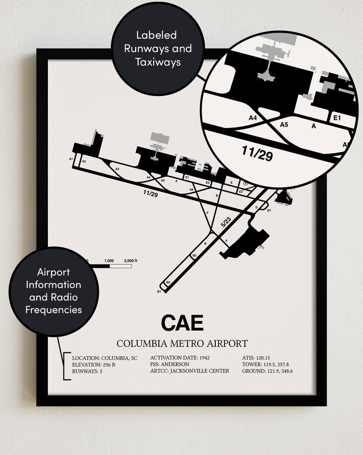 CAE Airport Map, Columbia Metro Airport Print