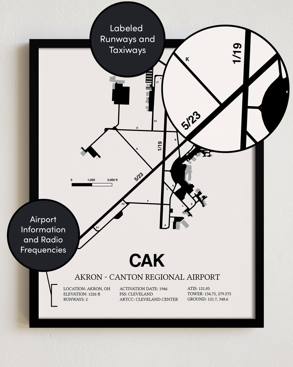 Framed Detailed Airport Map of Akron - Canton Regional Airport (CAK) in White with a Black Frame