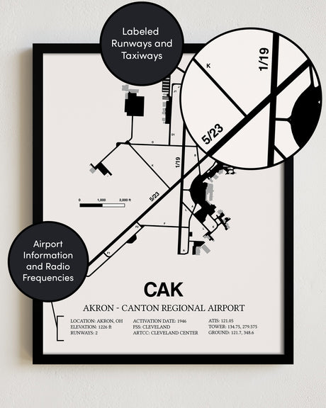 Framed Detailed Airport Map of Akron - Canton Regional Airport (CAK) in White with a Black Frame