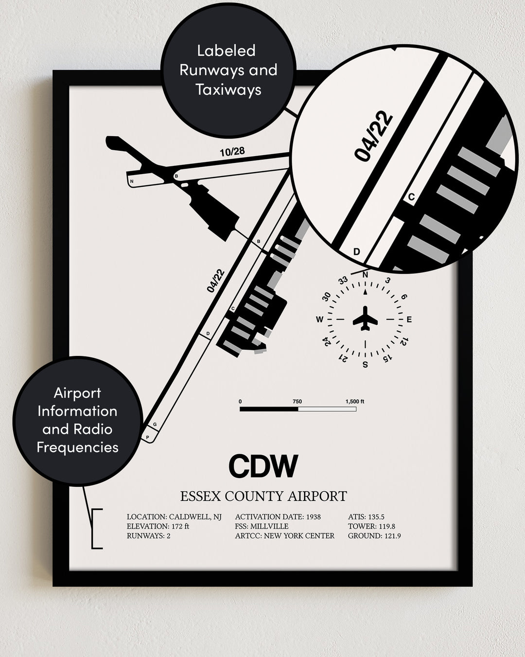 CDW Airport Map, Essex County Airport Print