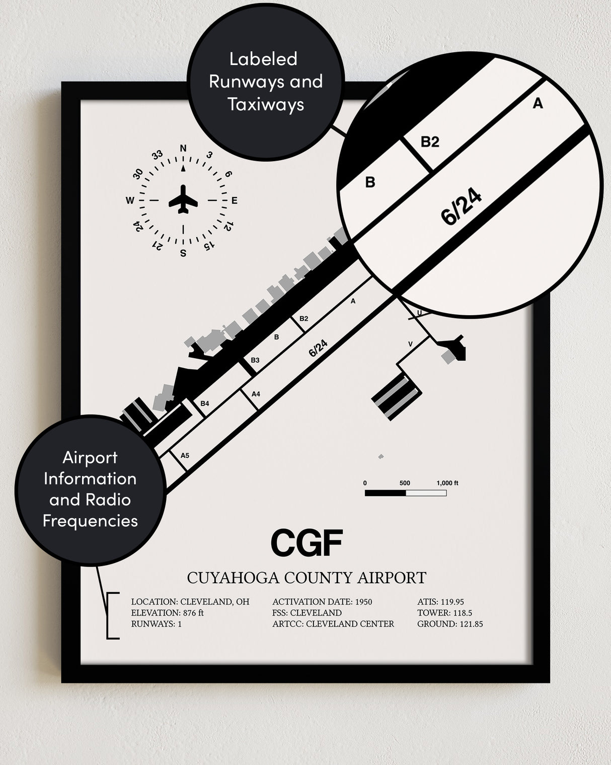 Framed Detailed Airport Map of Cuyahoga County Airport (CGF) in White with a Black Frame