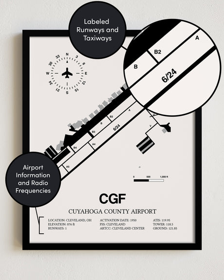 Framed Detailed Airport Map of Cuyahoga County Airport (CGF) in White with a Black Frame