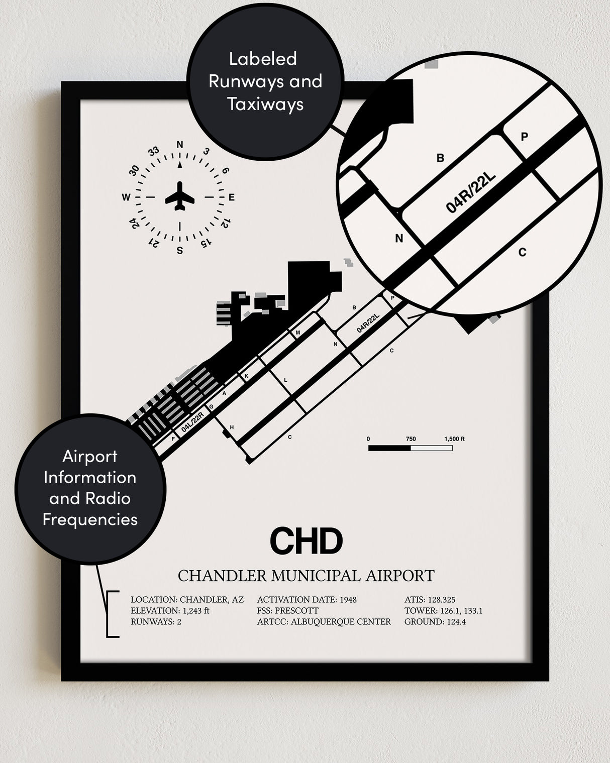 Framed Detailed Airport Map of Chandler Municipal Airport (CHD) in White with a Black Frame