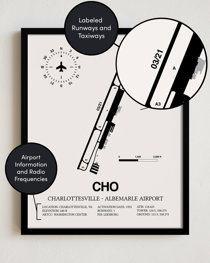 CHO Airport Map, Charlottesville-Albemarle Airport Print