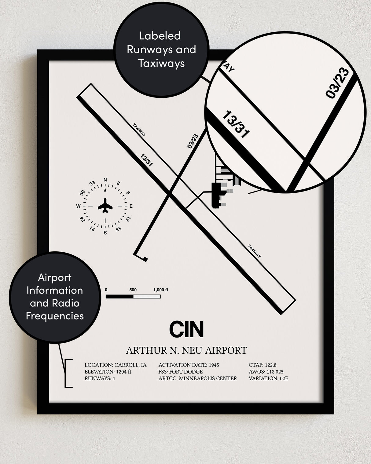 Framed Detailed Airport Map of Arthur N. Neu Airport (CIN) in White with a Black Frame