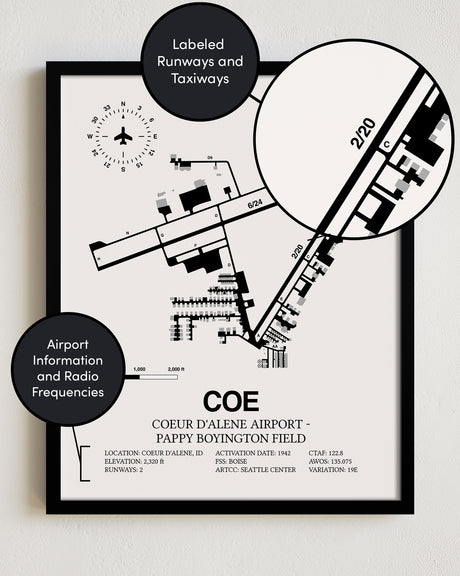 COE Airport Map, Coeur d'Alene Airport - Pappy Boyington Field Print