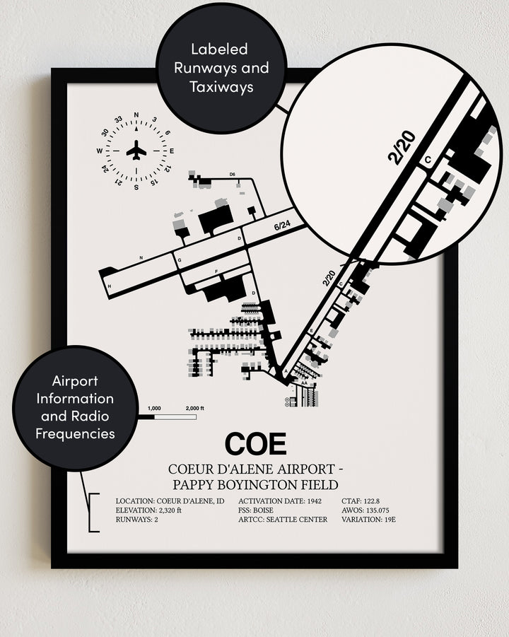 COE Airport Map, Coeur d'Alene Airport - Pappy Boyington Field Print