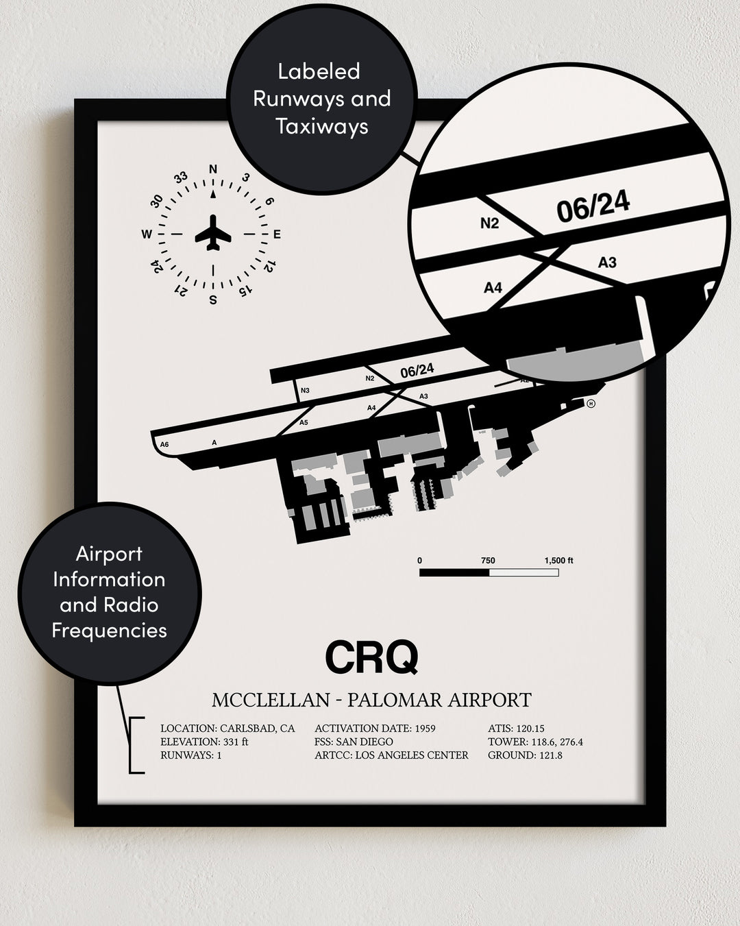 CRQ Airport Map, McClellan-Palomar Airport Print