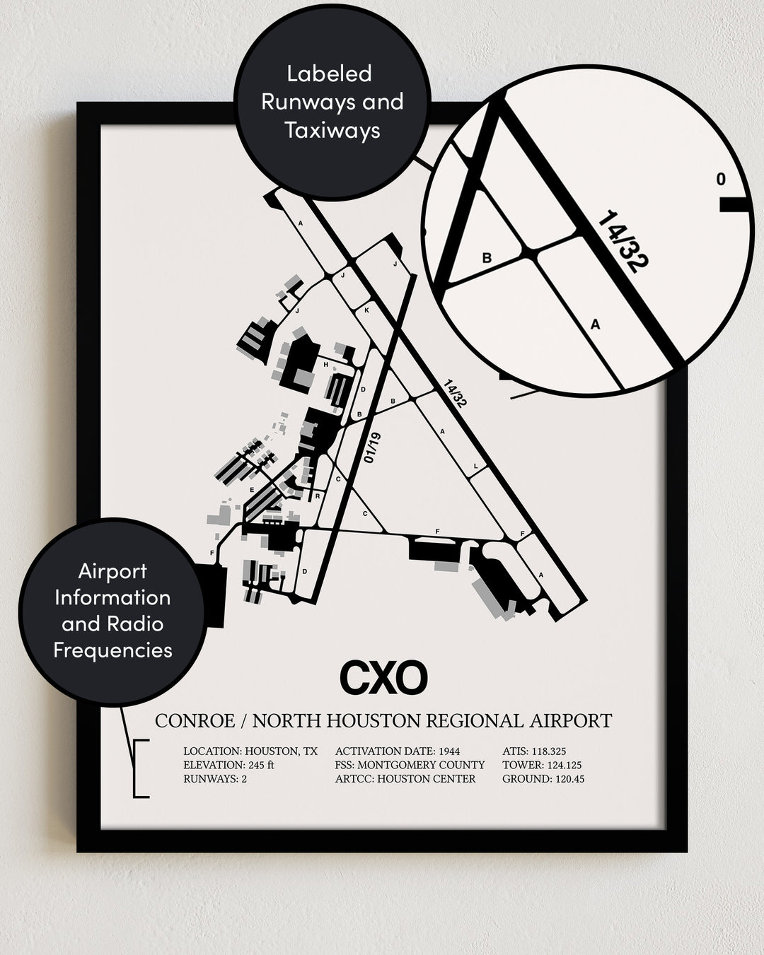 CXO Airport Map, Conroe / North Houston Regional Airport Print