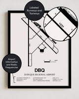 Framed Detailed Airport Map of Dubuque Regional Airport (DBQ) in White with a Black Frame