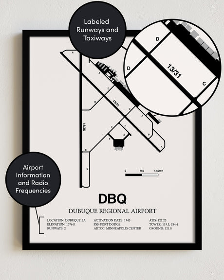 Framed Detailed Airport Map of Dubuque Regional Airport (DBQ) in White with a Black Frame