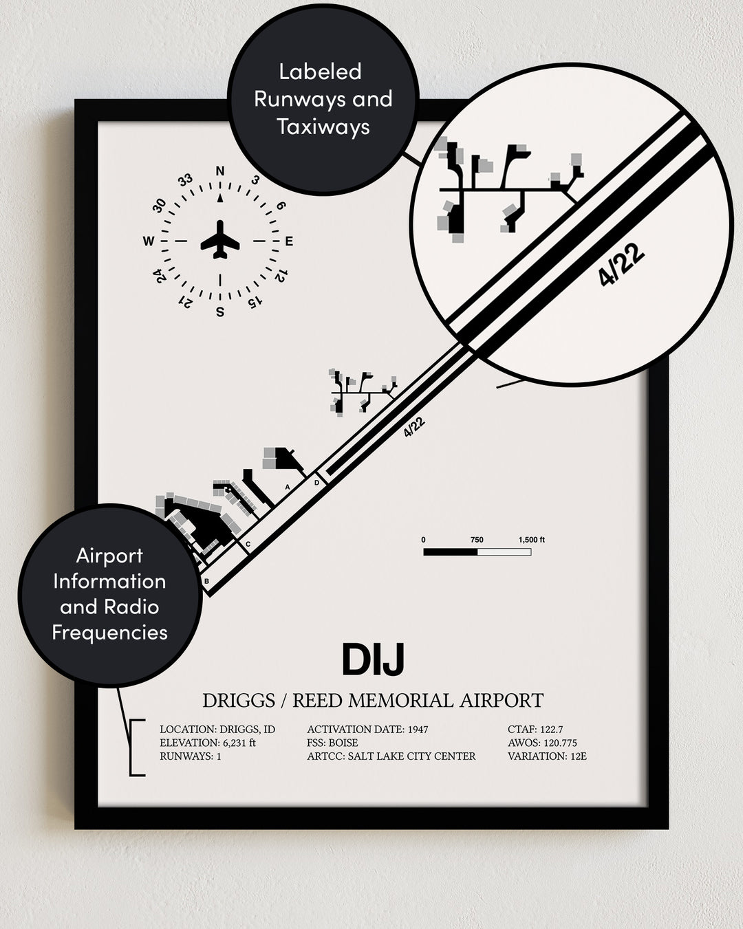 DIJ Airport Map, Driggs/Reed Memorial Airport Print