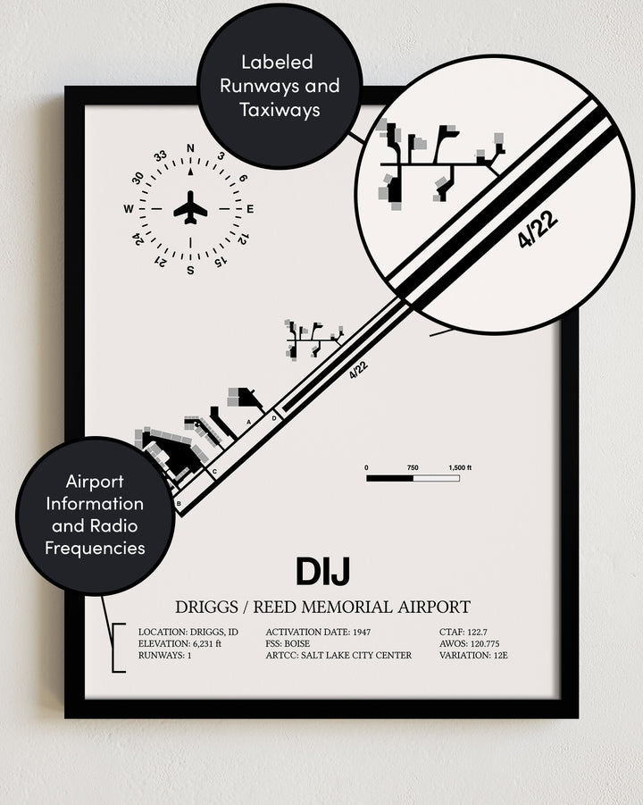 DIJ Airport Map, Driggs/Reed Memorial Airport Print
