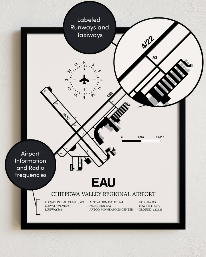 EAU Airport Map, Chippewa Valley Regional Airport Print