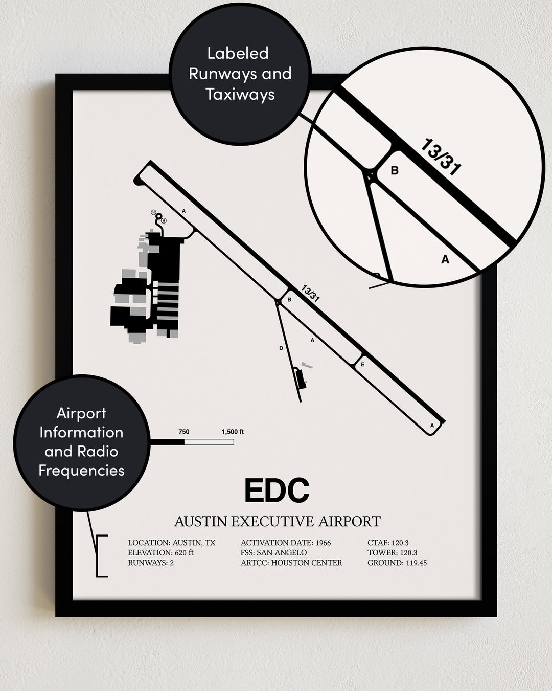 EDC Airport Map, Austin Executive Airport Print