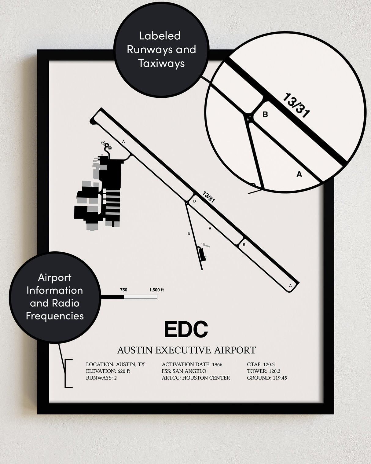 EDC Airport Map, Austin Executive Airport Print