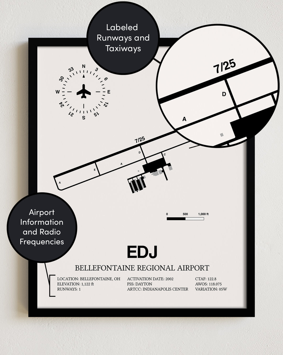 EDJ Airport Map, Bellefontaine Regional Airport Print
