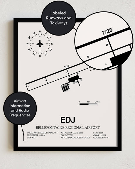 EDJ Airport Map, Bellefontaine Regional Airport Print