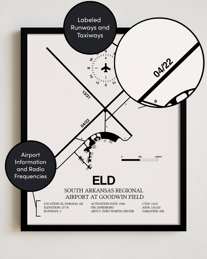 ELD Airport Map, South Arkansas Regional Airport at Goodwin Field Print