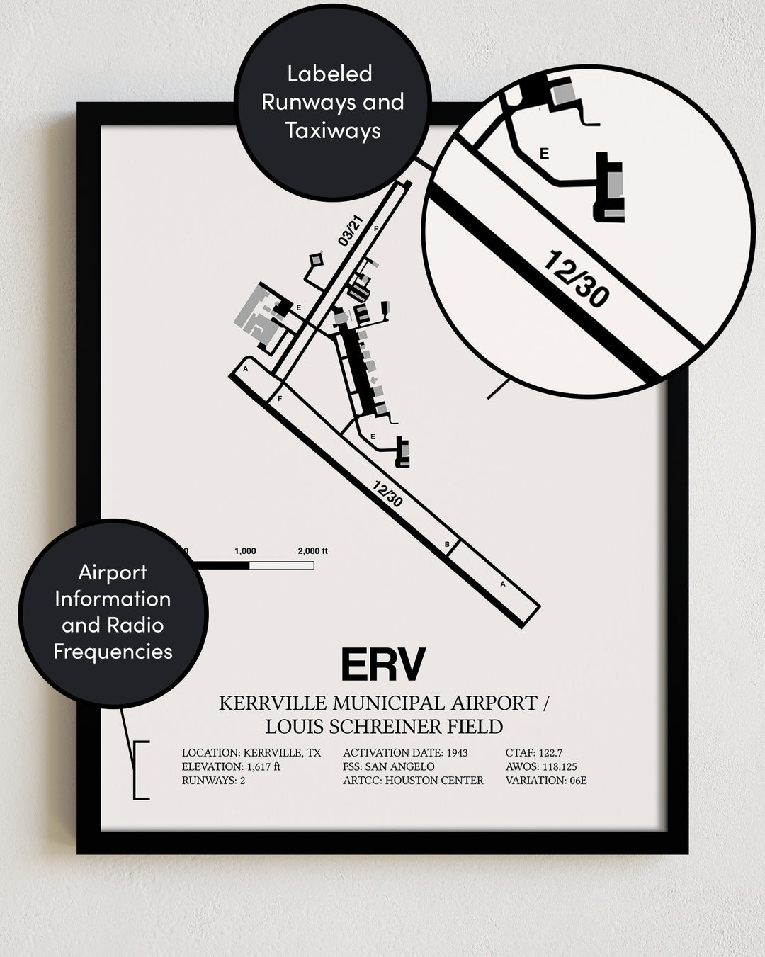 ERV Airport Map, Kerrville Municipal Airport/Louis Schreiner Field Print